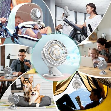 COZII Міні вентилятор на кліпсі USB, акумуляторний, тихий, 5 швидкостей, 720° оберт, 16 см, для дому, офісу, подорожей (білий)