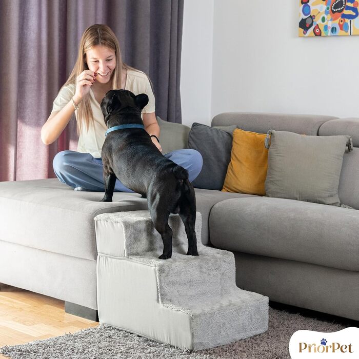 Сходинки для собак на ліжко та диван - 4 сходинки, 58 см заввишки - з пінопласту для маленьких собак - безпечні та стійкі - знімний, пральний чохол - світло-сірий