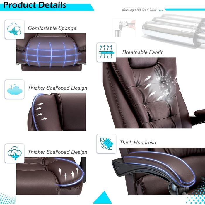 Крісло офісне YODOLLA, 200 кг, ергономічне, з регулюванням нахилу, комп'ютерне, з підніжкою, шкіряне (колір: коричневий)