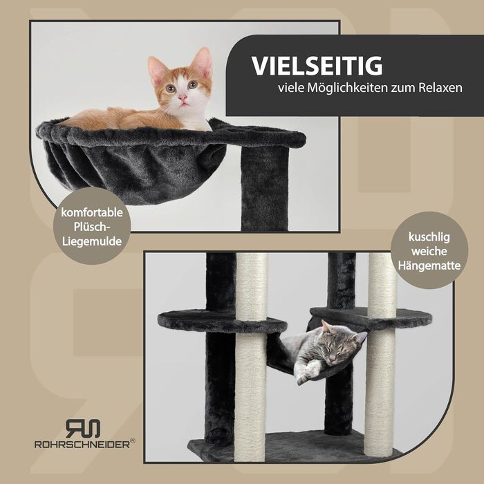 Драбина-стілець для котів Rohrschneider Kratzbaum Travel сірого кольору з інтегрованим м'ячиком та гамаком