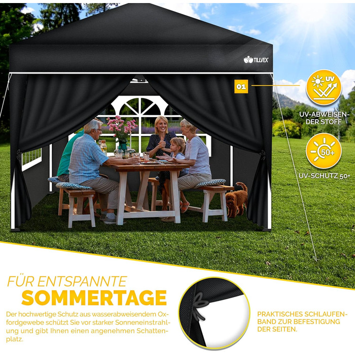 tillvex® for 3x3m Pavilion | Folding Pavilion Side Walls Water-Repellent | Side Windows & Zipper | Side Walls for Garden Tent Party Tent (4x Side Wall, Black)