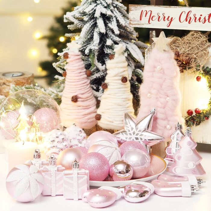 Набір прикрас для ялинки Sea Team 77 шт. - міцні кулі, рожеві ялинкові орнаменти з подарунковою упаковкою