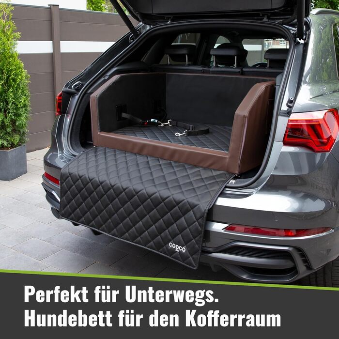 CopcoPet Автомобільне ліжко для собак у багажник 100x80x38см, штучна шкіра, захист багажника, водовідштовхувальне, стійке до подряпин, з захисним покриттям, антиковзаюче, міцне, з системою ременів (Коричневий/Чорний)