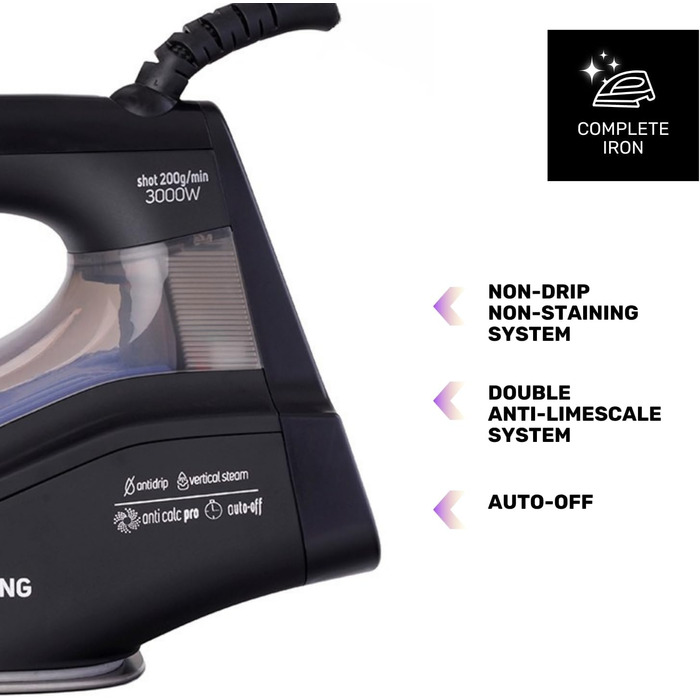 Пароочищувач Geyser Eco 3000, 3000W, 200 г/хв, чорний, з прецизійною насадкою