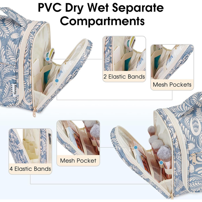 Сумка для туалетних аксесуарів для жінок та чоловіків, що підвішується, косметичка, дорожня сумка (Блакитне листя) Z-блакитне листя