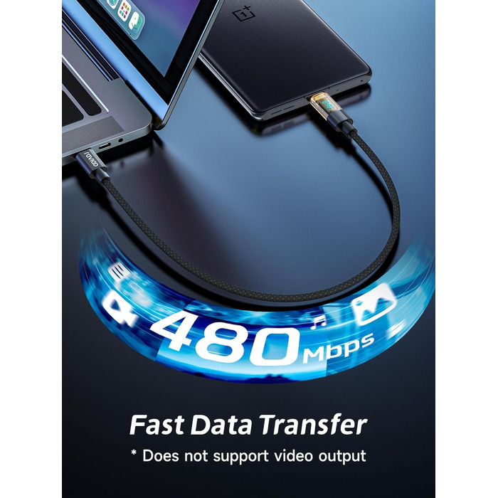 Кабель USB-C RAVIAD: Швидка зарядка PD3.1, нейлон, 0.5м, 240W, чорний. Сумісний з iPhone, Galaxy, Pixel, iPad, MacBookAir