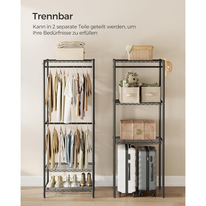 SONGMICS Clothes Rack, Open Wardrobe, Metal Coat Rack, Coat Stand with Adjustable Shelves and Clothes Rails, Hooks, High Load Capacity, Detachable, Cloud White LGR431W01 (Ink Black)