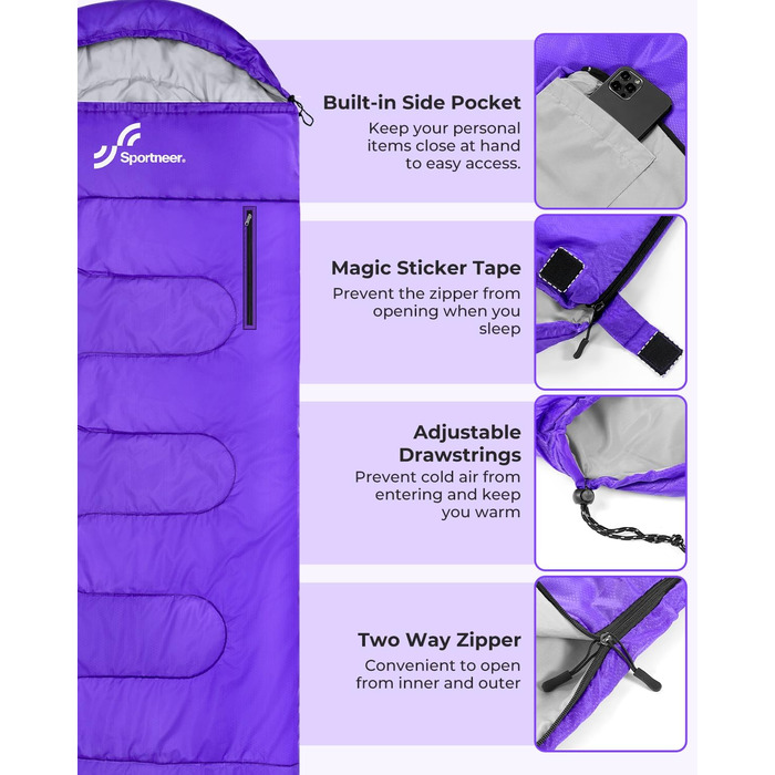 3-4 Season Sleeping Bag - Waterproof, Lightweight Sleeping Bag for Camping, Travel & Outdoor Activities - 220x84cm, 1.9KG (Violet)