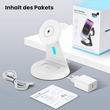 Зарядна станція JoyGeek 3-в-1 для Apple Watch, iPhone (MagSafe), AirPods (біла) - Бездротова зарядка для iPhone 12-15, iWatch 11-2/Ultra/SE, Airpods 2-4