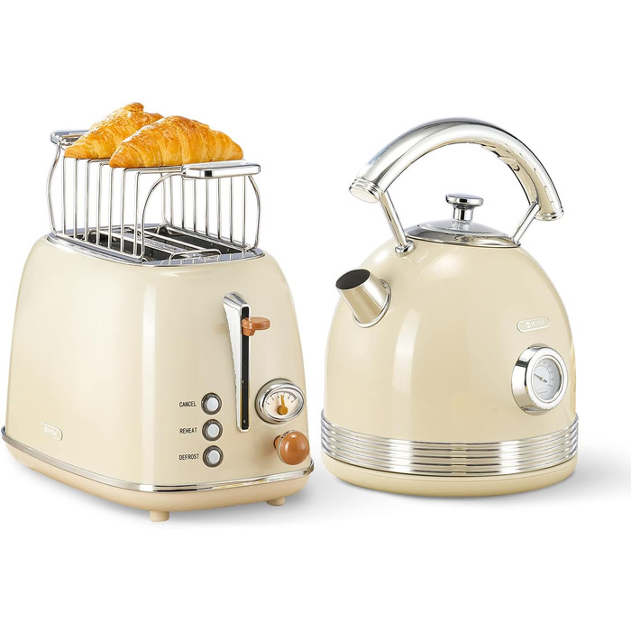 Wiltal Retro 2-Slice Toaster, 6 Adjustable Browning Levels, with High-Quality Bun Warmer, Warming-Defrost-Cancel Function, Countdown Display (milky)