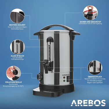 Arebos Glühwein Cooker 950 W | Hot Beverage Dispenser | 6.8 L | with drip tray, tap, thermostat, and overheat protection | Temperature setting from 30-110 °C | (Silver)