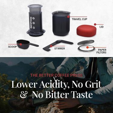 Портативна кавоварка AeroPress Go 3-в-1 для подорожей і кемпінгу, прес-френч, пуровер, еспресо, насичена кава без гіркоти, комплект для кави, сіра