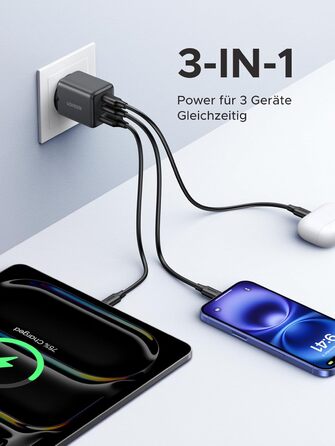 Зарядний пристрій UGREEN 30W USB-C з 3 портами GaN II для iPhone, iPad, Galaxy, Pixel - Швидка зарядка PD