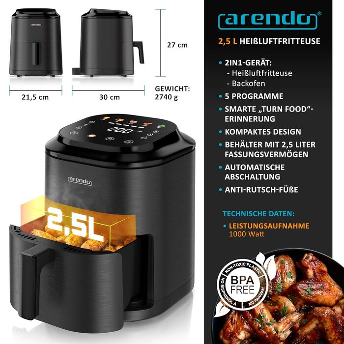 Аерофритюрниця Arendo 2.5л - Мала, з таймером, підтриманням температури, 5 програм, 60-200°C