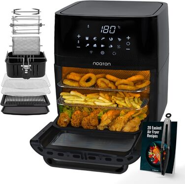 Аерофритюрниця Noaton A120 Ultra Pro 12 л, без олії, 1800 Вт, 10 програм, цифровий дисплей, компактна, для 1-4 осіб, з кулінарною книгою та кухонними щипцями, чорна