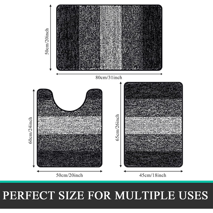 Enyhom 3-Piece Microfiber Bath Mat Set - Non-Slip Bathroom Rugs & Toilet Lid Cover - Soft & Washable (Black, 45x65cm, 50x80cm, 50x60cm)