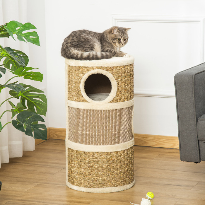 PawHut Драбина для котів, кігтеточка з сизалю та плюшу, 3 рівні, 37,5x37,5x70 см – ідеально підходить для любителів котів