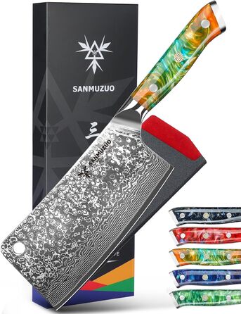 Ніж м'ясник Sanmuzuo Hackmesser 17 см, професійний, Дамаск, Xuan Serie, VG10 сталь, ручка з епоксидної смоли (сапфірово-блакитна)