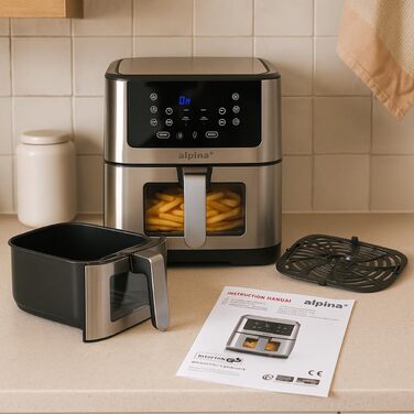 Фритюрниця Alpina Heißluft XXL: Цифрова фритюрниця Air Fryer на 8 літрів, 1800W, для 4-6 осіб, з таймером до 2 годин, 80-200°C