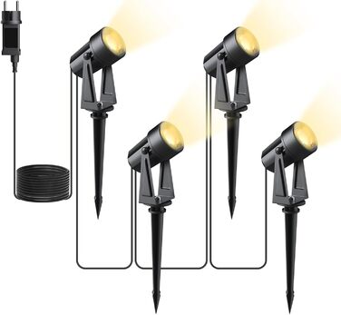 LED Garden Lighting Set with Power, 14M, 4 Spotlights, Warm White 3000K, IP65 Waterproof, 600lm, 27V, 4-in-1