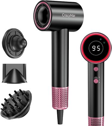 Іонізатор для волосся CrazyMar – фен з потужним мотором 180 000 об/хв, швидка сушка, компактний, для подорожей, створення локонів, 4 температурні режими, захист від перегріву, тиха робота, чорний