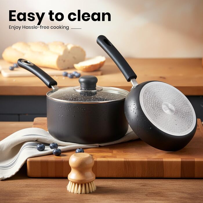 Набір посуду KICHLY 8 предметів з антипригарним покриттям для індукційних плит: каструлі 16, 18, 20 см з кришками, сковороди 20, 28 см