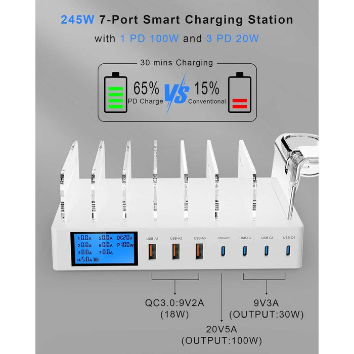 Зарядна станція 245W USB для 7 пристроїв з LCD-дисплеєм, кабелями та тримачем для iWatch, чорна - для iPhone, планшетів та іншої електроніки
