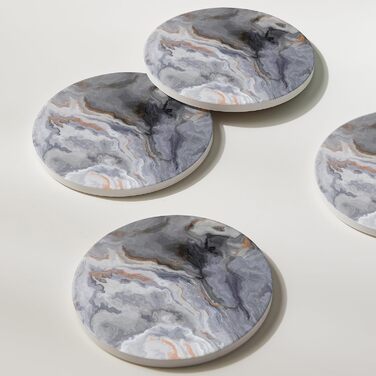 6-Piece Abstract Dark Blue Marble Coasters with Holder, Absorbent Ceramic Coasters for Drinks, Coasters with Cork Back for Table Protection, Housewarming Gifts