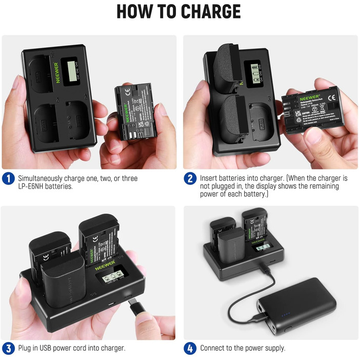 NEEWER Запасний акумулятор LP-E6 та зарядний пристрій, 3 шт., 2000mAh, сумісний з Canon EOS 5D Mark II/III/IV, 5D SR, 60D, 60Da, 6D, 70D, 7D