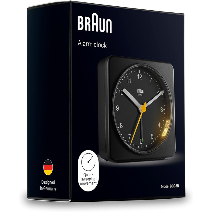 Braun Classic Analog Alarm Clock with Snooze Function and Light, Silent Quartz Movement, Crescendo Alarm, Black Model BC03B