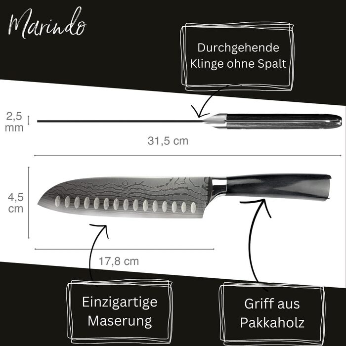 Японський ніж Santoku Marindo® з нержавіючої сталі 17,8 см | Ніж для кухні з дамаскною обробкою та стійкою дерев'яною ручкою | Універсальний японський ніж з подарунковою упаковкою | Гострий та нержавіючий
