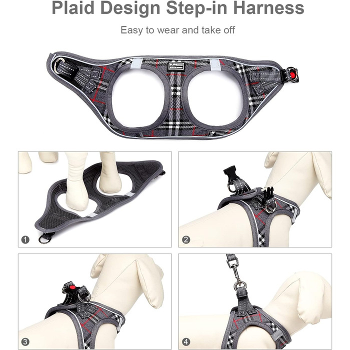 Шлейка для собак Suredoo, маленькі та середні породи, анти-тяга, світловідбиваюча, дихаюча, для цуценят (M, 34-39см; XL, 46-53см, 8-10.5кг), сіра в клітинку
