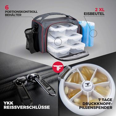 Ізольована ланчбокс з 6 контейнерами для їжі – BPA-Free, багаторазовий, підходить для мікрохвильової печі та морозильника – ланч-сумка з шейкером, органайзером для пігулок, плечовим ремінцем та охолоджувальними акумуляторами – сумка-холодильник червона