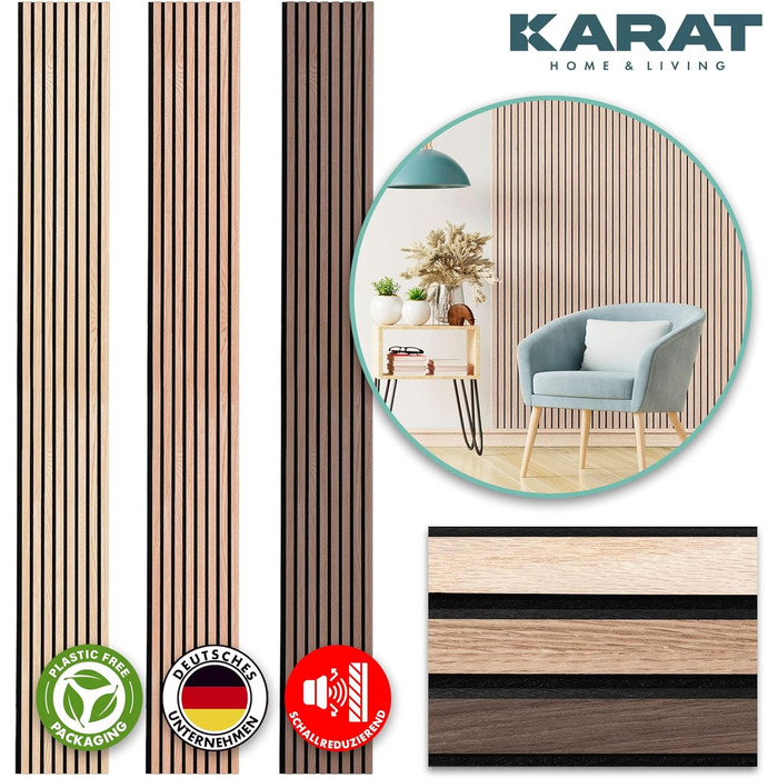 Акустичні настінні панелі KARAT з натурального шпона Білий дуб — декоративна рейкова стіна з дерева та фетру для шумоізоляції та звукопоглинання (275 x 27 см)