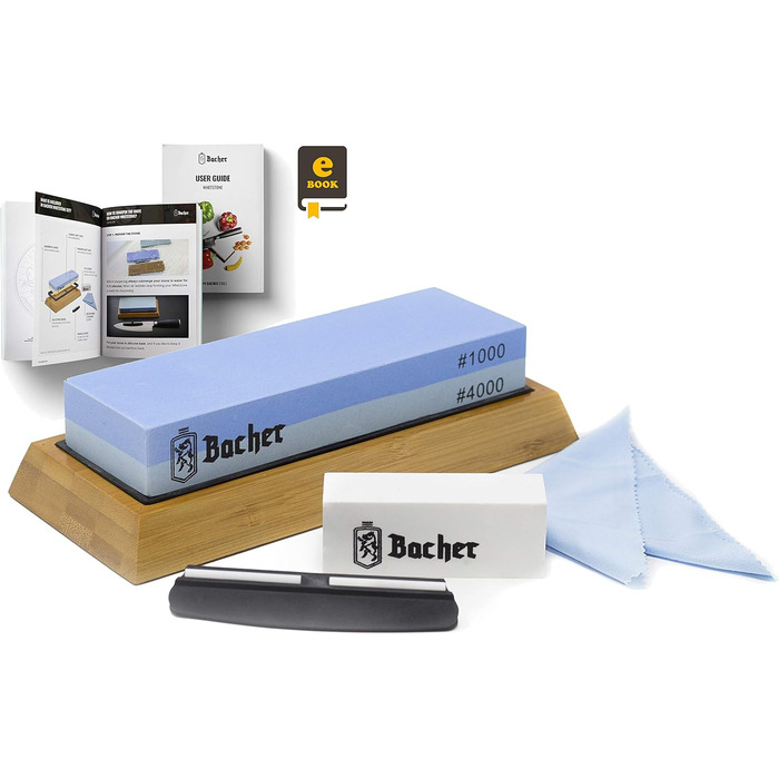 Преміум точильний камінь Bacher Schleifstein. Двостороння точилка з зернистістю 400/1000 для ножів. З антиковзким бамбуковим блоком, інструкцією та допоміжним інструментом.