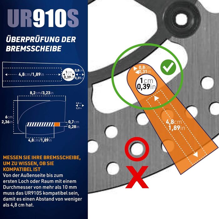Замок на гальмівний диск URBAN UR910S з сигналізацією 120 дБ, нагадувальний кабель 140 см, подвійне блокування 10 мм, сертифікат SRA, нержавіюча сталь для мотоцикла