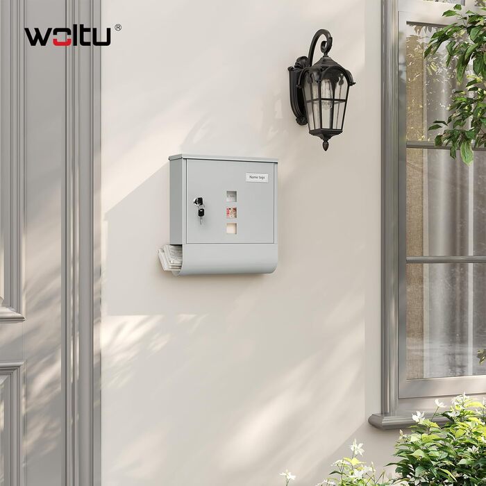 Поштовий ящик WOLTU з газетницею, оглядовим вікном та табличкою для імені, настінний, замикається на ключ (2 ключі), сучасний, сірий (30,5x33,5x9 см)