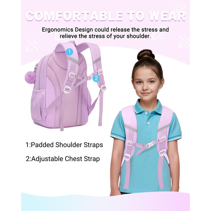Дитячий рюкзак для школи DivingBirds для дівчаток 2-7 клас, 22L | Легкий, з дихаючим вкладишем спинки та м'якими лямками | Рюкзак для підлітка 7-10 років (фіолетовий)