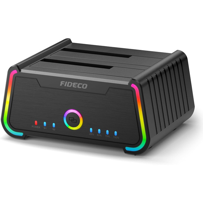 Док-станція для жорстких дисків FIDECO USB 3.0 з RGB підсвічуванням, Dual-Slot, підтримка UASP та офлайн-клонування (2.5/3.5