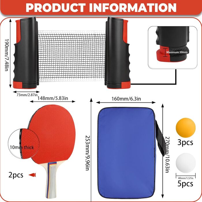 Набір для настільного тенісу CHRI: 2 ракетки, сітка, 6 м'ячів, сумка. Підходить для дітей та дорослих