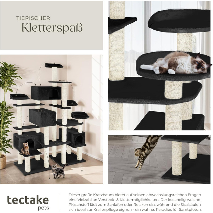 Тектейк® Кігтеточка для котів велика, кігтеточка з аксесуарами, XXL кігтеточка з 4 будиночками для котів, ігровий комплекс з кігтестолом, кігтевий стовп з сизалю, можливе кріплення до стіни - сірий (Чорний | № 403921)