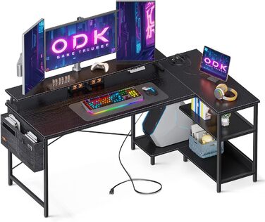 Кутовий стіл ODK L-подібний для комп'ютера з USB, розеткою та полицею, ігровий офісний стіл з підставкою для монітора, чорний 147x80 см