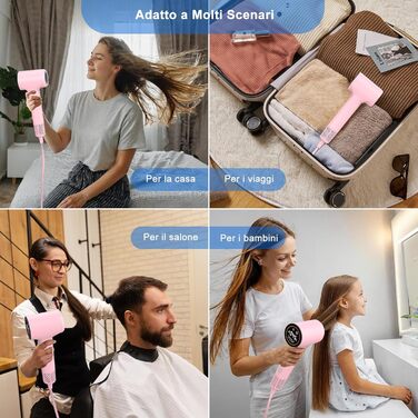 Фен для волосся з плазмою та безщітковим мотором 110 000 об/хв, швидке сушіння, тихий, з магнітною насадкою, для дому та подорожей (Темний, Рожевий)