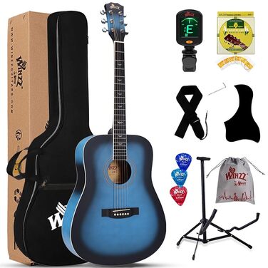 Акустична гітара Winzz 4/4 для початківців, 41 дюйм, з чохлом, тюнером, ременем, медіатором, запасним струною та підставкою (натуральний, блакитний)
