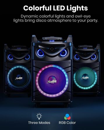Moukey Karaoke Машина MK3021: Караоке система з вокером 26см, твітером 8см, 2 мікрофонами, Bluetooth, світло, AUX/USB/TF/FM