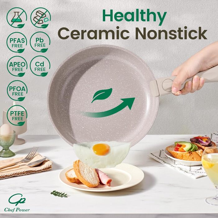 Набір посуду Chef Power Keramik 19 частин, антипригарне покриття, знімний ручка, для індукції, сумісний з духовкою, для кемпінгу, Mocca-Taupe