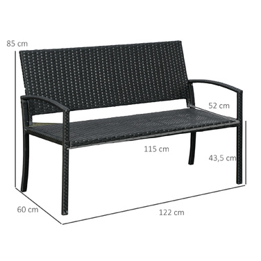 Садова лавка Outsunny з ротангу Polyrattan на 2 особи, паркова лавка зі сталевим каркасом та плетінням, чорного кольору, розміром 122 x 60 x 87 см для саду та тераси.