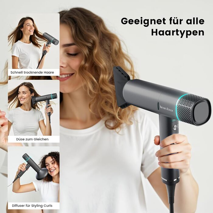 Іонізатор для волосся Föhn - високошвидкісний фен з насадкою-дифузором для жінок та чоловіків, 3 режими/2 швидкості, легкий, рівномірне тепло, тихий, чорний (сірий)