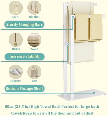 Підставка для рушників Yawinhe Freistehend, підставка для рушників стояча з нержавіючої сталі, 2 стійки, полиця для одягу у ванну кімнату, білий, 40x20x80 см, SMJ003W