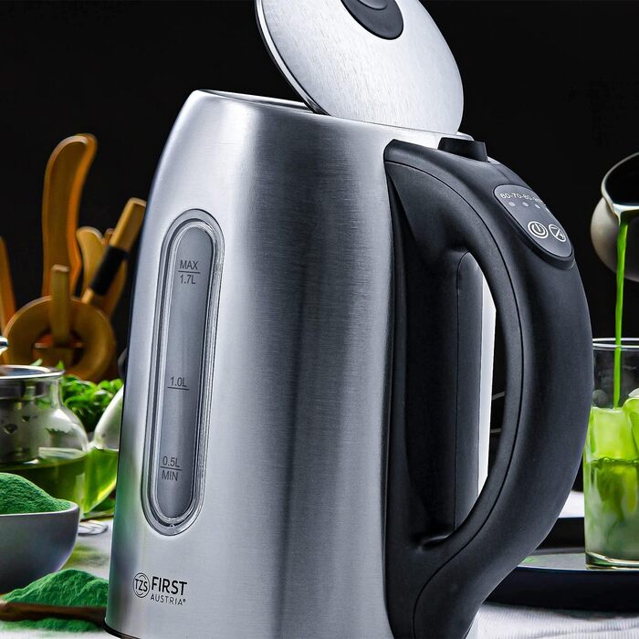 Електричний чайник First Austria Edelstahl 2200W, 1.7L, регулювання температури 60-100°C, підтримання тепла, фільтр від накипу, прихований нагрівальний елемент, LED-підсвічування